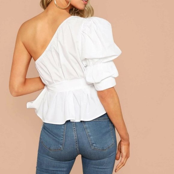White Preppy One Shoulder Puff Sleeve Belted Solid Top - Picture 2 of 5